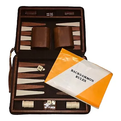 Vintage Skor-Mor Backgammon Game COMPLETE Folding Zipper Leather Travel Case • $15.97