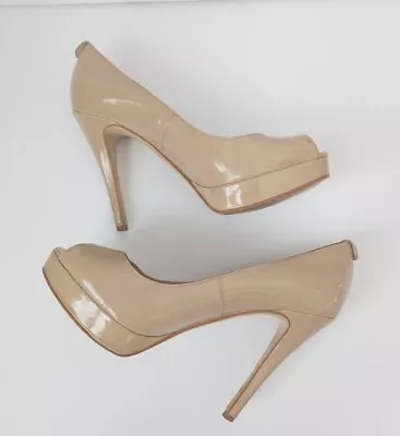 Michael Kors Size 5.5 M Beige Peep Toe Platform Pump Heels Patent Leather Shoes • $42.49