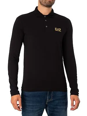 EA7 Men's Logo Jersey Longsleeved Polo Shirt Black • £37.95