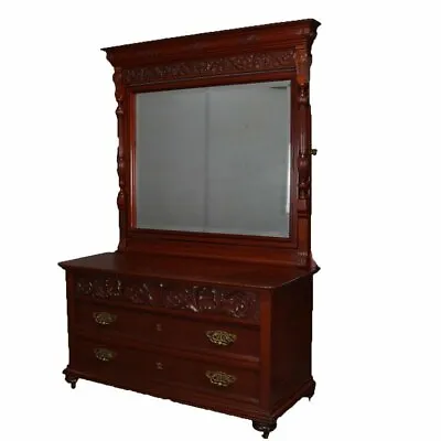 Antique Horner School Carved Mahogany Chest Of Drawers And Mirror Circa 1900 • $1960