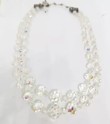 Vtg 50s AB Crystal Double Strand Graduated Beaded Necklace Chunky Glass Choker • $17.95