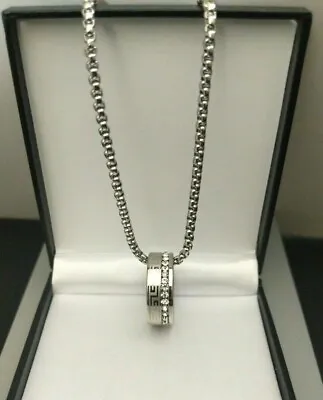 £29.99 • Buy Mens Personalised Steel Cubic Zircona Greek Key Ring Necklace Valentines Gift UK