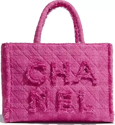 CHANEL FW 2019 Hot Pink Wool Tweed Giant Logo Beach Tote Bag $3900 • $2195