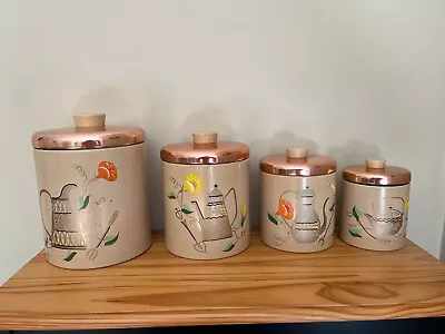 MCM Set 4 Ransburg Metal Canisters Copper Lid Kettles • $70