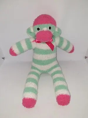 £6.99 • Buy Hand Made 13  Striped Super Soft Sock Monkey Pink Mint & White With Pink Bow VGC