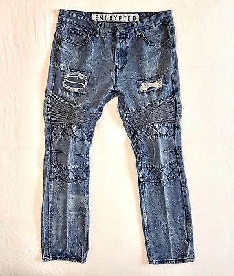 Encrypted Mens 36x30 Acid Wash Jeans Distressed Streetwear Stacked Grunge Denim • $32.99