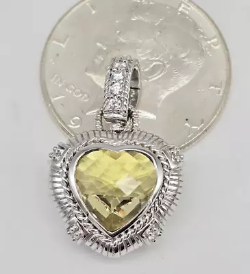 Judith Ripka Sterling Silver Canary Quartz Diamonique Cz Heart Pendant Enhancer • $88.88