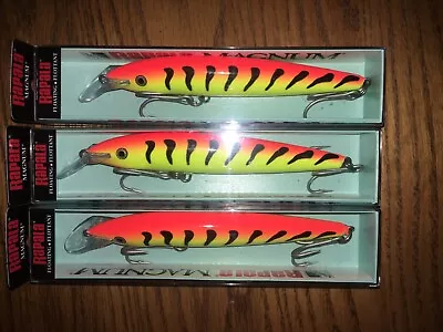 Rapala FLOATING MAG 14's===3 HOT TIGER COLORED FISHING LURES=WOOD • $30