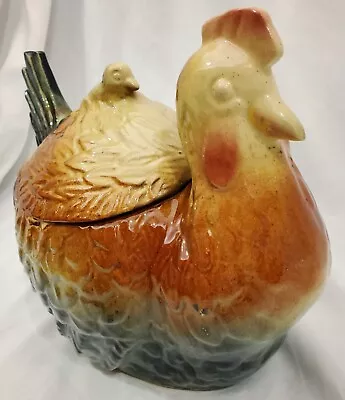 Vintage Fapco USA Hen With Chick CHICKEN COOKIE JAR Brown Green Ceramic CHIPPED • $40