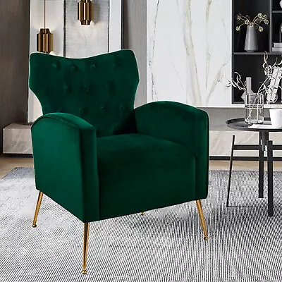 Green Velvet Fabric Armchair Wingback Chair Comfy Sofa Seat Coffee Reading Chair • $149.99