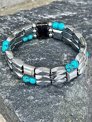 $52.19 • Buy 100% Magnetic Silver TURQUOISE Hematite Bracelet Anklet 3 Row Therapy Strong