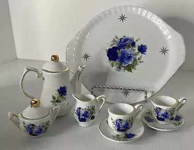 Miniature Tea Set 10 Pieces White Porcelain Blue Roses Gold Trim • $22.95