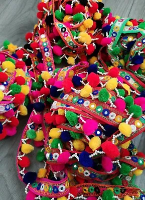 1- 2 Metre Multicoloured Rainbow Pom Pom Beaded Tassel Trim Mirror Fringe Ribbon • £9.49