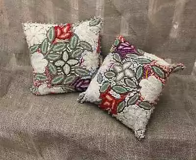 Pair Needlepoint Embroidery Floral Scatter Cushions Decorative Leaf Tapestry  • £55