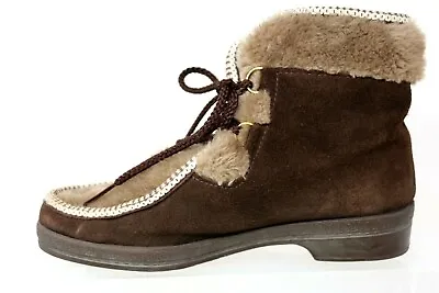 Yodelers Boots Womens 8 Leather Lace-Up Faux Sherpa Apre Ski Snow Ankle Vintage • $29.99