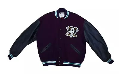 Vintage Anaheim Mighty Ducks DeLong 90s Varsity Jacket Snap Button Purple Men XL • $299.99
