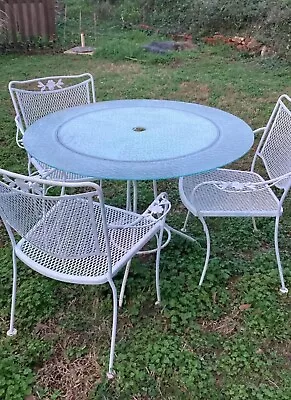 White Vintage Wrought Iron Patio Furniture Set 42 Inch Table 3 Chairs • $399.99