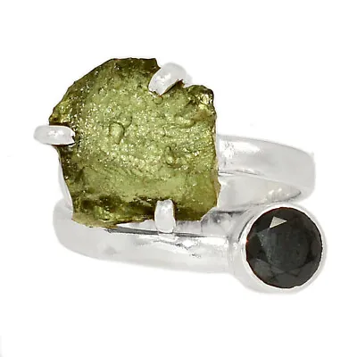 Natural Genuine Czech Moldavite & Black Onyx 925 Silver Ring RE8 S.7 CR29870 • $39.99