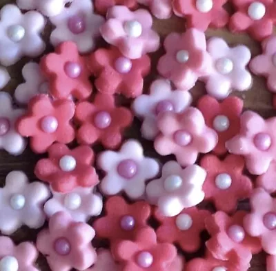 50 Edible Pink Fondant Sugar Flowers Cake  Toppers  Wedding Birthday Baby Shower • £5.49