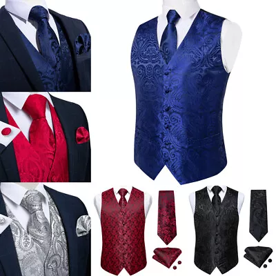 Mens Silk Slim Waistcoat Dark Red Paisley Quality Wedding Vest Tie Cufflinks • $24.99