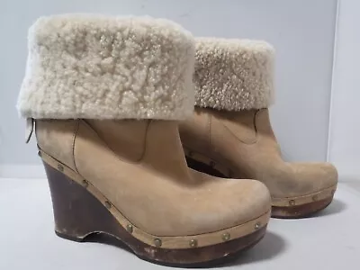 UGG Carnegie 1001317 Tan Mid-Calf Wedge Wood Platform Clog Style Boots - Size 8 • $49.99