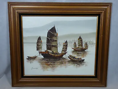 P. Wong Chinese Fishing Junk Boats Oil On Canvas Painting Nautical Framed • $99.99