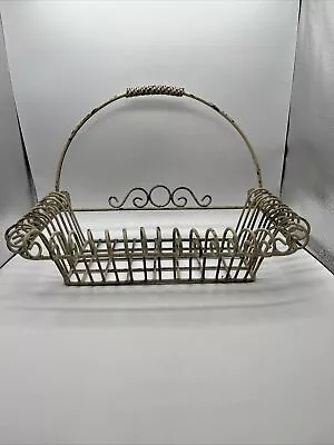 Vtg White Wire Metal Basket Tray Handle Cottage Core Antique-look Hang Brackets • $39.95
