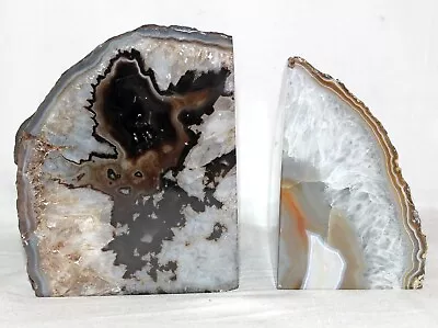 2 PC Polished Agate Crystal Quartz Bookends 5  High 6.5 Lbs. Natural Stone Back • $17.15