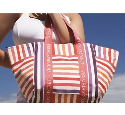 Victoria's Secret VS Logo Large Striped Weekender Tote Beach Bag $59.95 RV NWT • $29.90