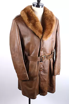Vintage 70s Lakeland Leather Over Coat Blazer Jacket Mouton Collar Mens 44 • $149.95