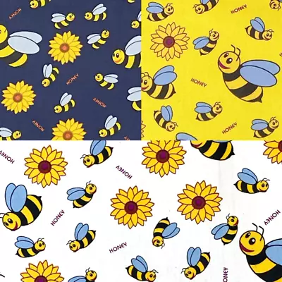 100% Cotton Poplin Fabric Smiling Bumble Bees Sunflower Plants Insects • £3.90