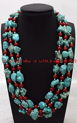 3 Rows10x14mm Natural Irregular Turquoise &Red Coral Gem Beads Necklace 18-20  • $13.79