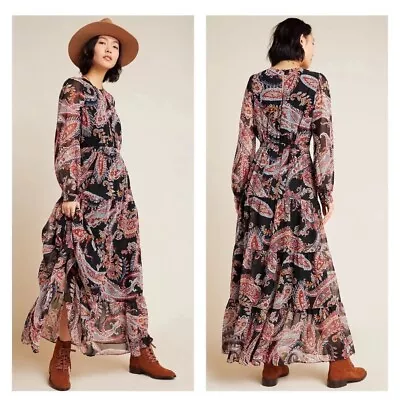 Anthropologie Tiered Maxi Dress Sz 12 Black Multi Color Paisley Long Slv Lined • $49.80