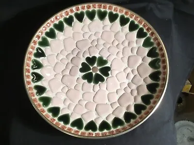 Vintage MCM Green Heart Mosaic Tile 10  Gold Bottom Dish • $14