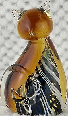 Vintage Glass Cat Murano Style Amber With Blue And White Swirl Figurine • $25.98
