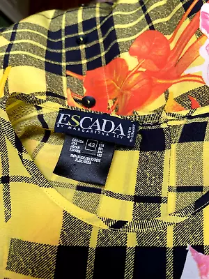 Escada Silk Vintage Blouse In Yellow Black Plaids Pink Rose Print 42 14 Germany • $78.75