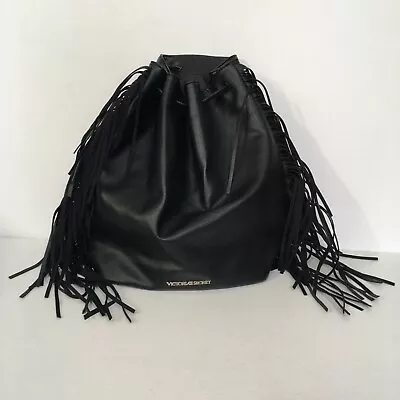 Victoria's Secret Black Fringe Drawstring Backpack Pebbled Faux Leather • $7