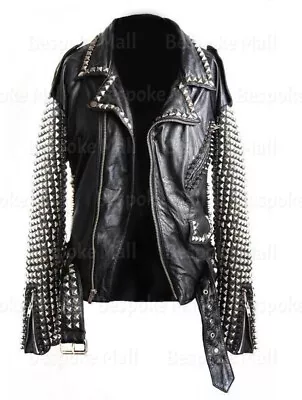 New Men's Black Punk Silver Studded On Sleeves Star Design Leather Jacket-877 • $330.59