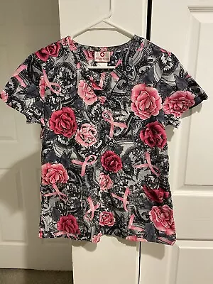 White Cross Roses Breast Cancer Awareness Theme Medical Scrub Top Size Small • $12