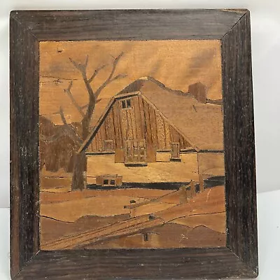 Antique Inlay Marquetry Picture Of A Farmhouse Pure Folk Art • $49