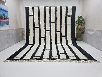 Moroccan Handmade Beni Ourain Rug 8'7''x11'8   Berber Striped Black Wool Carpet • $900