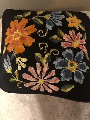 Vtg Needlepoint Throw Pillow Floral On Black Back Is Black Velvet 10x10 Finished • $16.95
