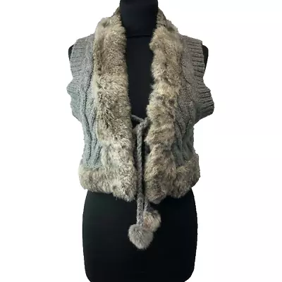 Newpenny Women’s Grey Knit Rabbit Fur Pom Pom Trim Gilet Size S • £65