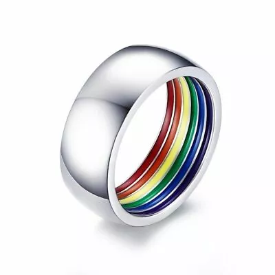 Gay Lesbian LGBT Pride Ring Rainbow Inner Striped Stainless Steel Ring Band Gift • £3.29