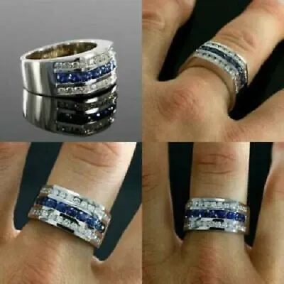2CT Round Cut Lab Created Blue Sapphire Men's Wedding Ring 925 Sterling Silver • $134.63