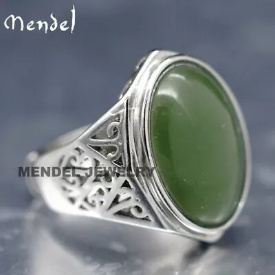 MENDEL Mens Sterling Silver Natural Real Green Jade Stone Ring For Men Size 8-11 • £44.39