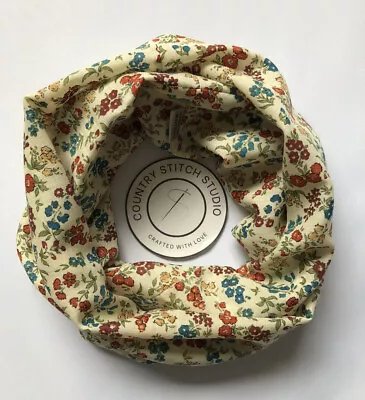 Snood Cowl Loop Circle Scarf Rare Liberty Varuna Wool Handmade Red Teal Cream • £12.99