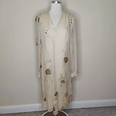 Perry Ellis Vintage Silk Chiffon Floral Dress 10 Womens Flowy Sheer Sleeve Midi • $10