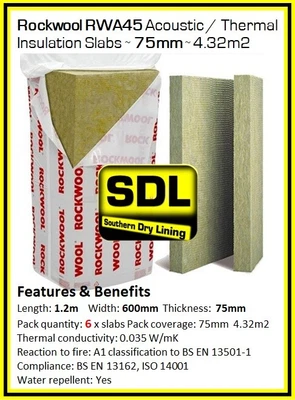 Rockwool RWA45 Acoustic Thermal Insulation Slabs  25 30 40 50 60 75 100mm • £31.99