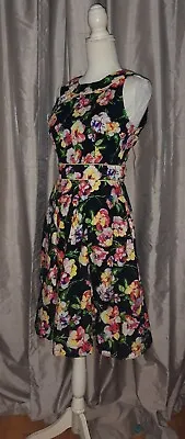 Black+ Bright Floral 50s Style Dress UK 10 Full Skirt Open Back Pockets Vintage • £16